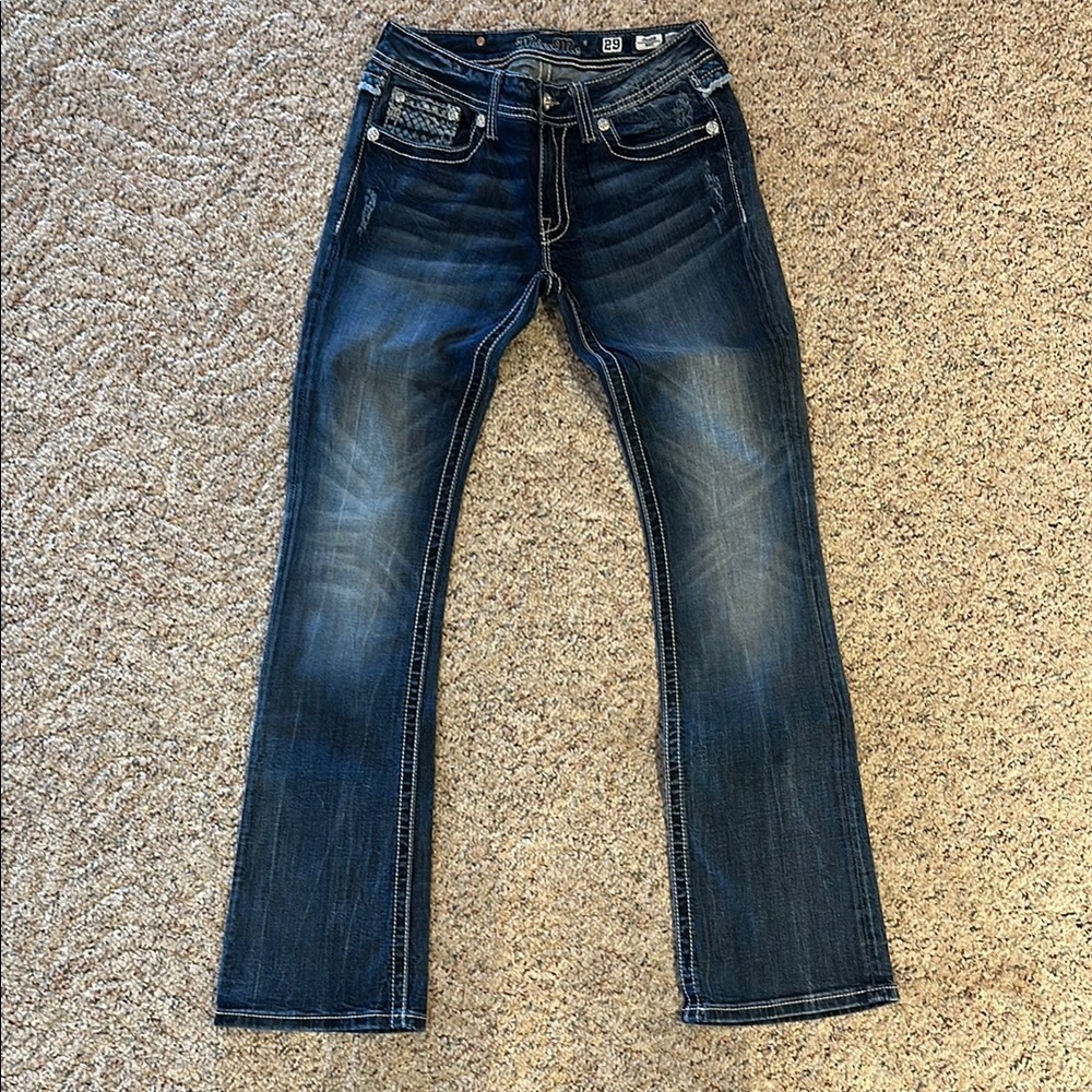 Miss Me Blue Bootcut Jeans with White Stitching